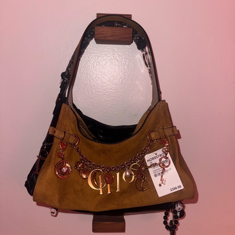 CHLOÉ Charms Camel Brown Suede Leather Gold Khaki Hobo Shoulder Bag Handbag - Picture 11 of 13